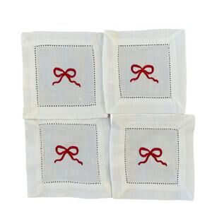 Tiramisu Hand Embroidered Bow Linen Coasters 6x6 Red & White Set of 4 New